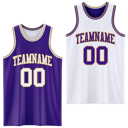 Custom Purple White-Old Gold Reversible Double Side Sublimation Basketball Set Jersey
