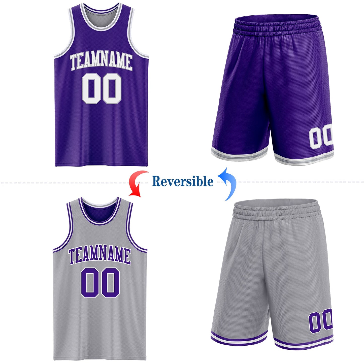 Custom Purple White-Gray Reversible Double Side Sublimation Basketball Set Jersey