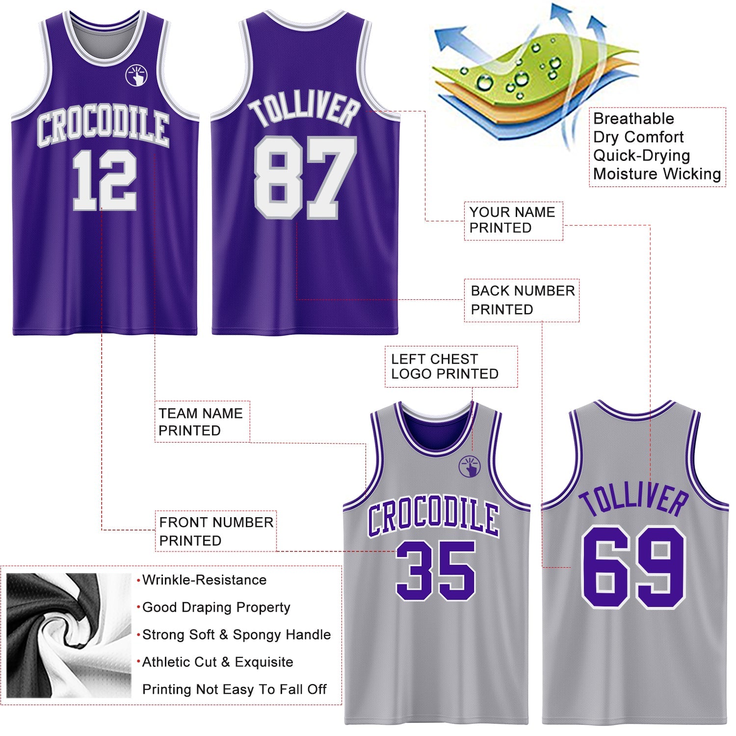 Custom Purple White-Gray Reversible Double Side Sublimation Basketball Set Jersey