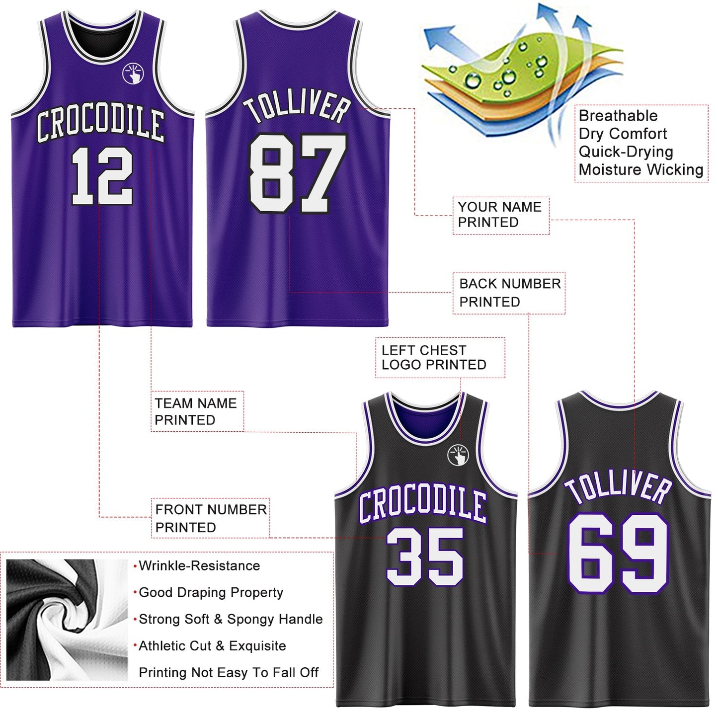 Custom Purple White-Black Reversible Double Side Sublimation Basketball Set Jersey