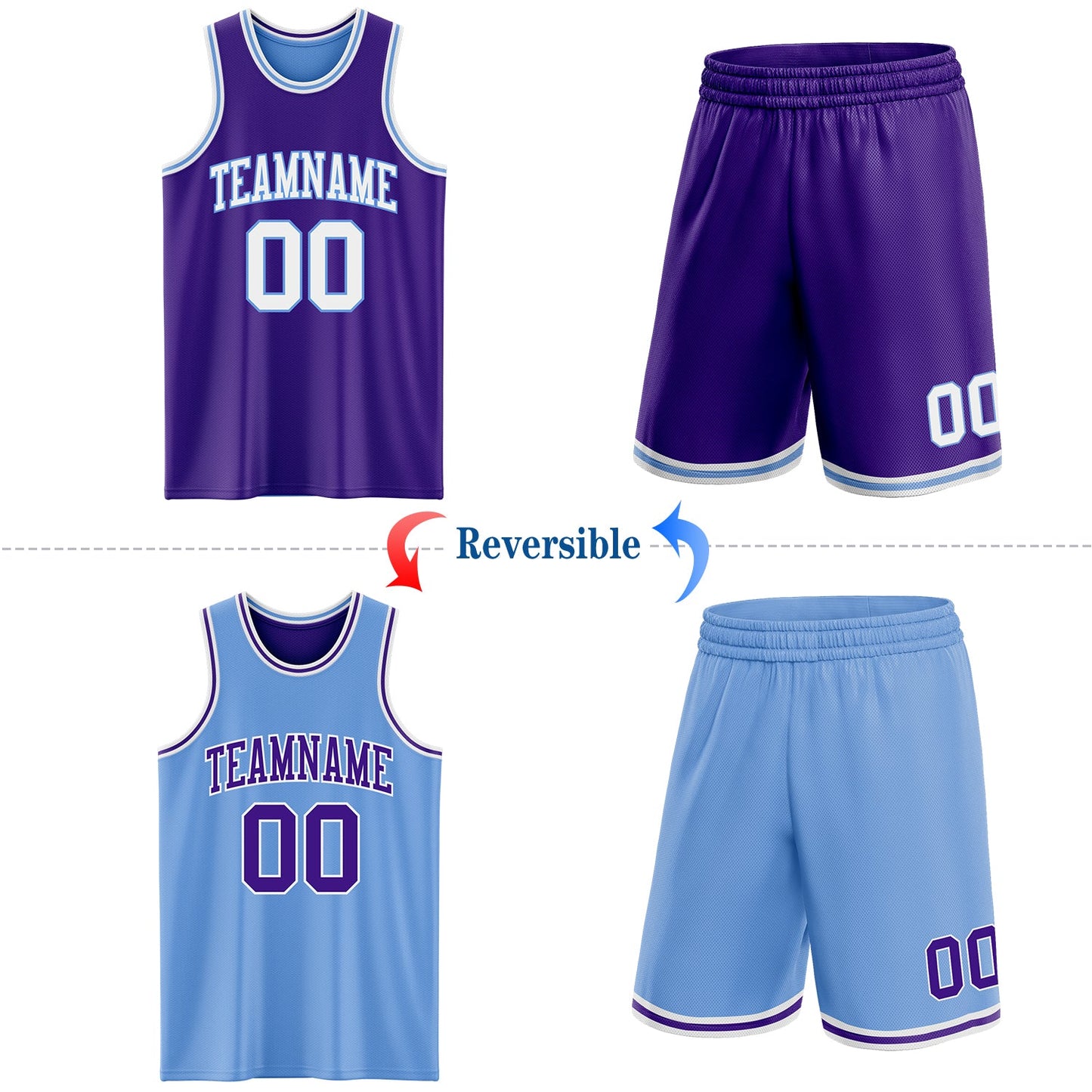 Custom Purple White-Light Blue Reversible Double Side Sublimation Basketball Set Jersey
