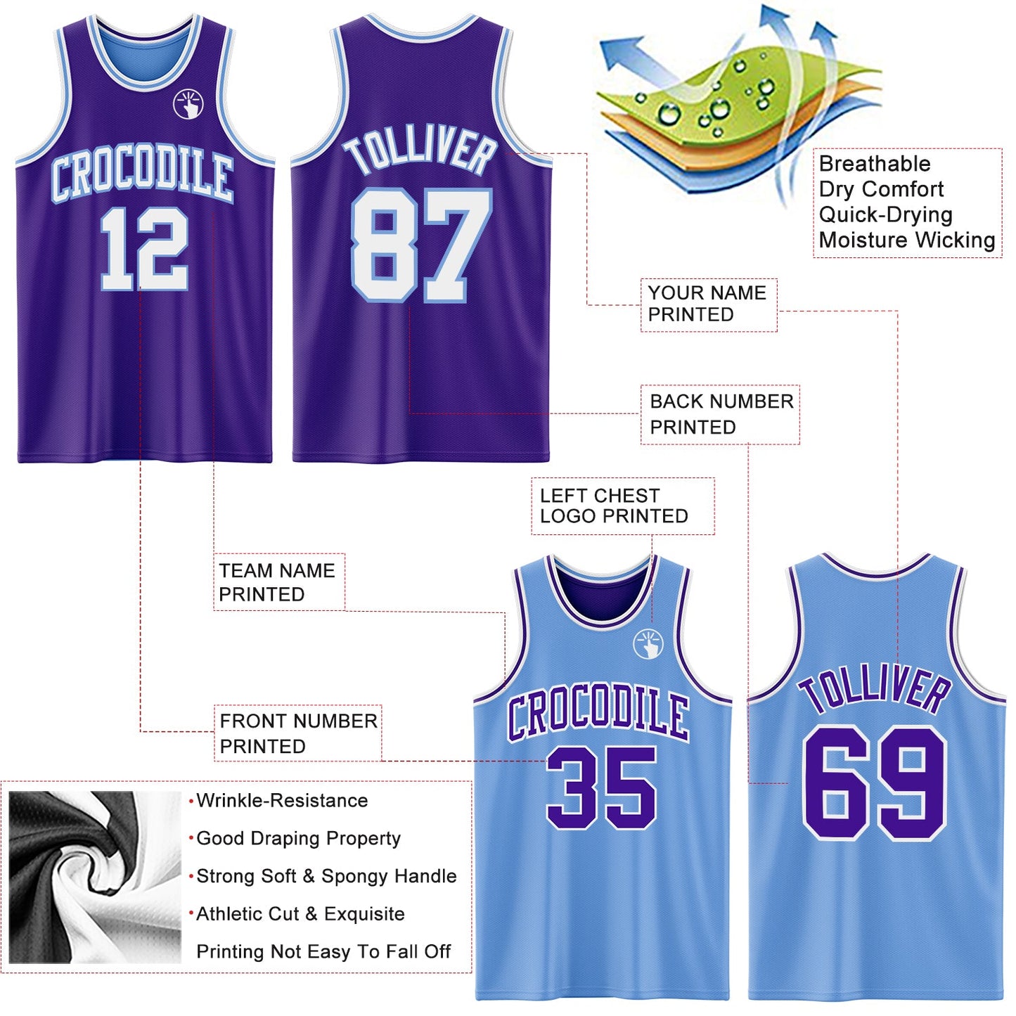 Custom Purple White-Light Blue Reversible Double Side Sublimation Basketball Set Jersey