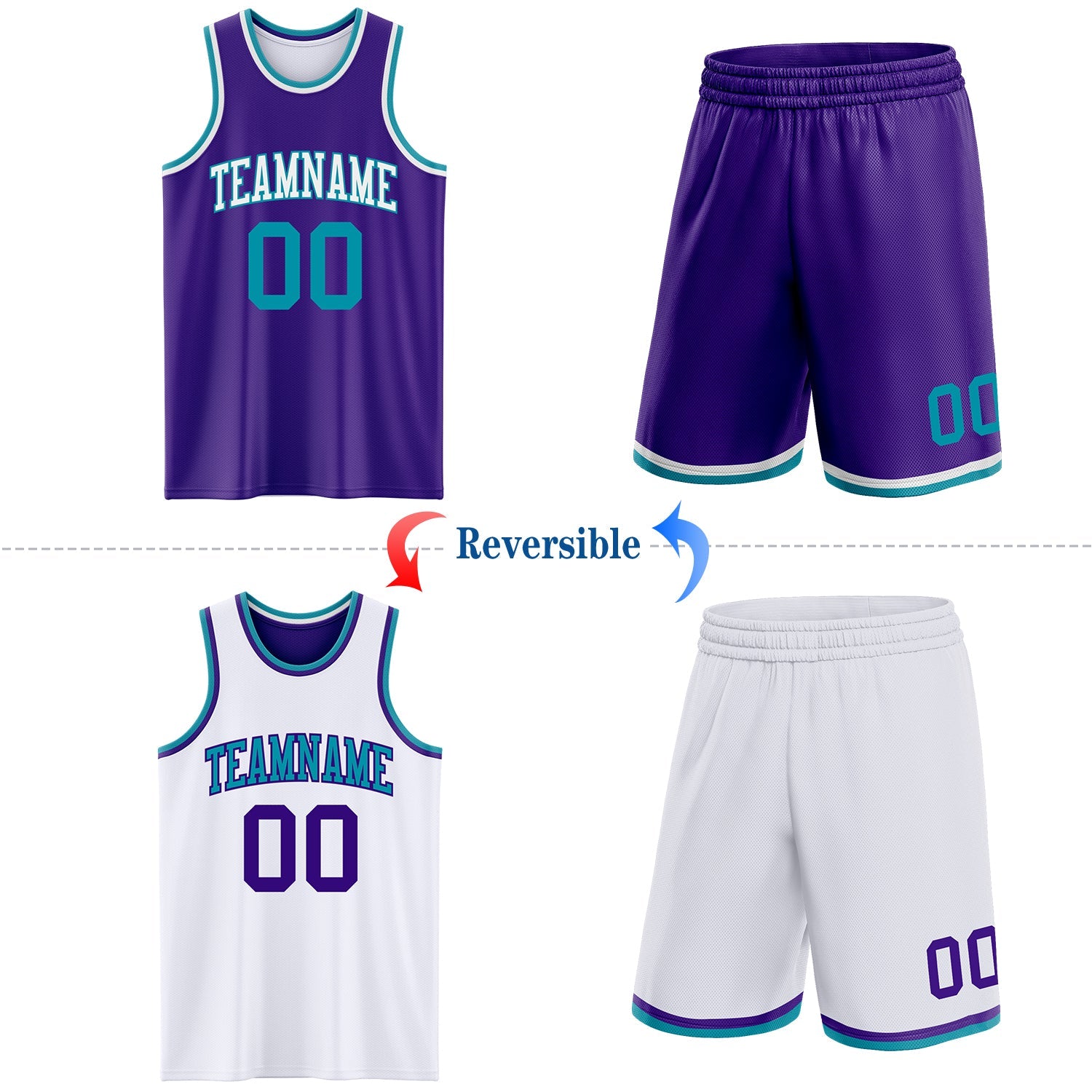 Custom Purple Teal-White Reversible Double Side Sublimation Basketball Set Jersey