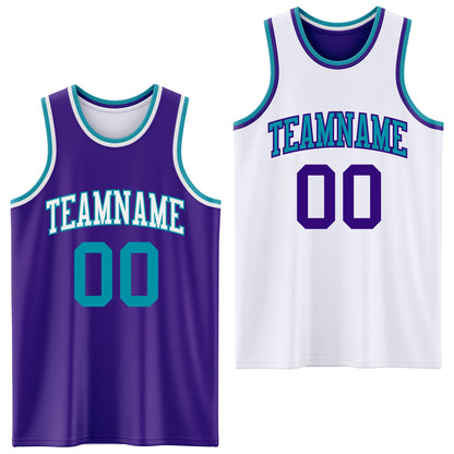 Custom Purple Teal-White Reversible Double Side Sublimation Basketball Set Jersey