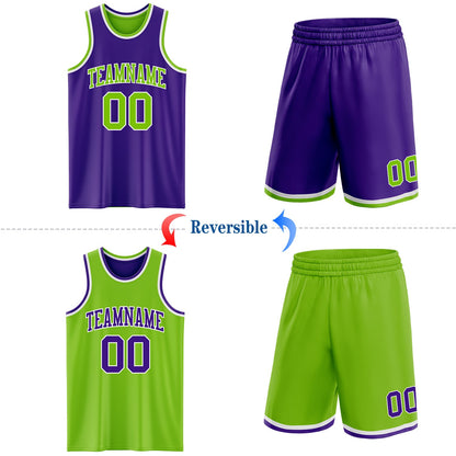 Custom Purple Neon Green-White Reversible Double Side Sublimation Basketball Set Jersey