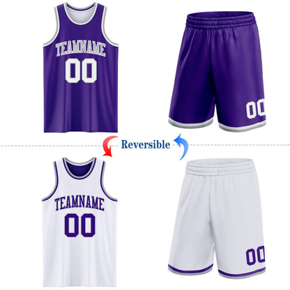 Custom Reversible Purple White-Gray Double Side Sublimation Basketball Set Jersey