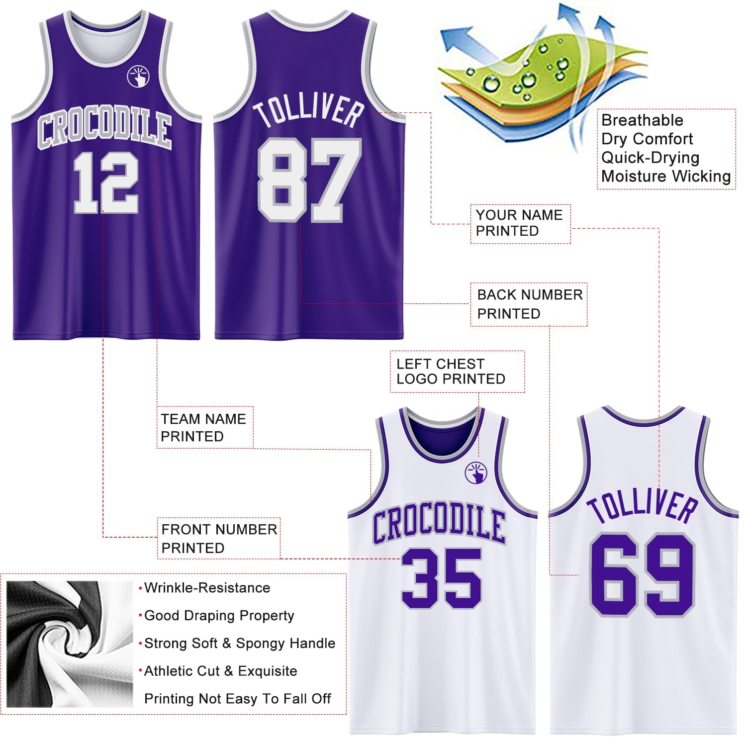 Custom Reversible Purple White-Gray Double Side Sublimation Basketball Set Jersey
