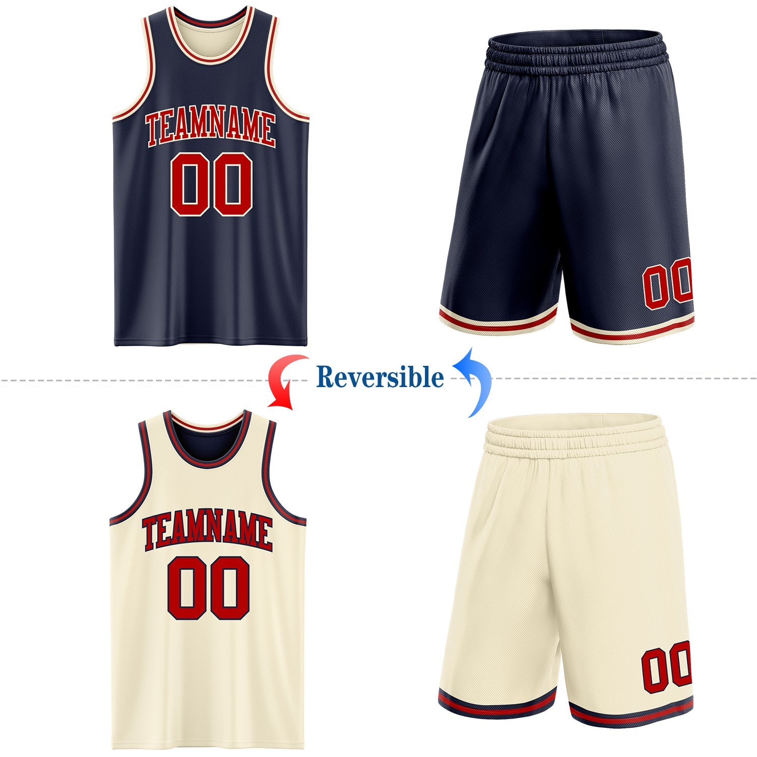 Custom Reversible Navy Red-Cream Double Side Sublimation Basketball Set Jersey