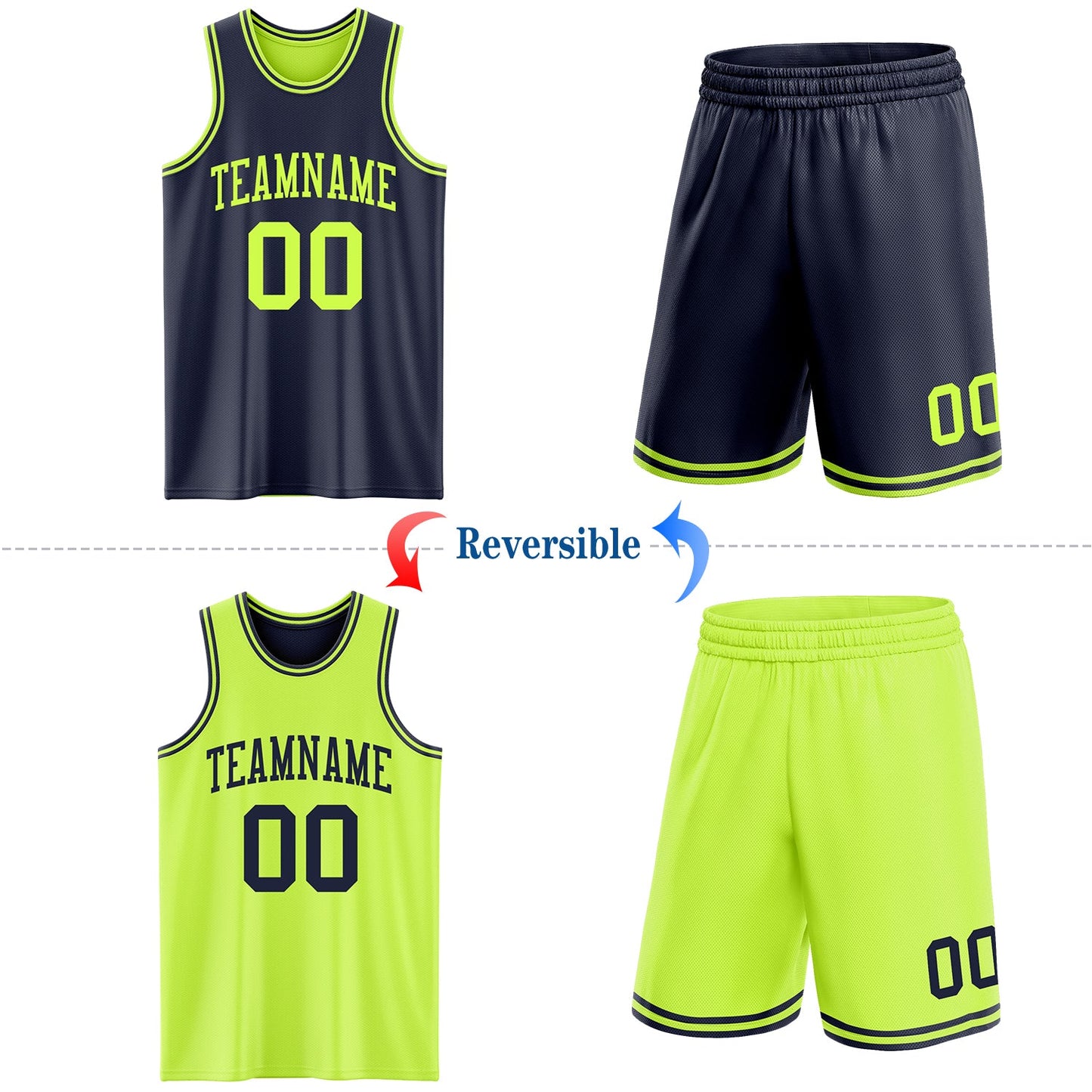 Custom Reversible Navy Neon Green Double Side Sublimation Basketball Set Jersey