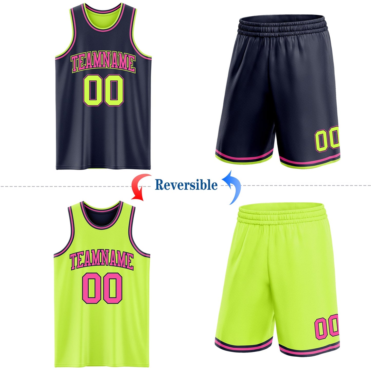 Custom Reversible Navy Neon Green-Pink Double Side Sublimation Basketball Set Jersey
