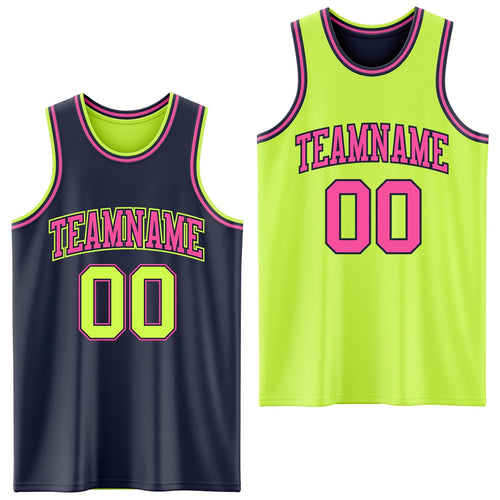 Custom Reversible Navy Neon Green-Pink Double Side Sublimation Basketball Set Jersey