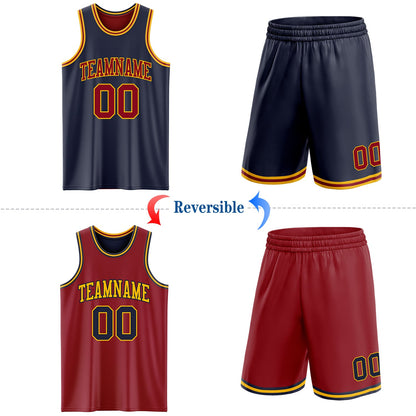 Custom Reversible Navy Maroon-Gold Double Side Sublimation Basketball Set Jersey