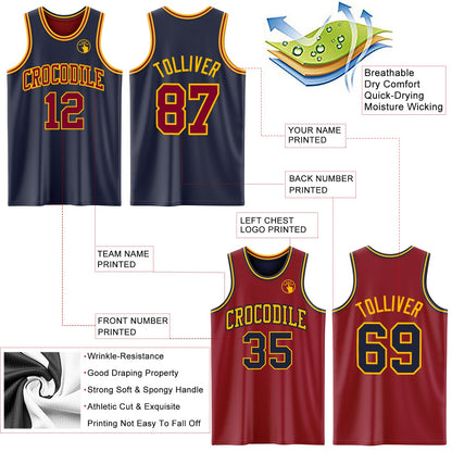 Custom Reversible Navy Maroon-Gold Double Side Sublimation Basketball Set Jersey