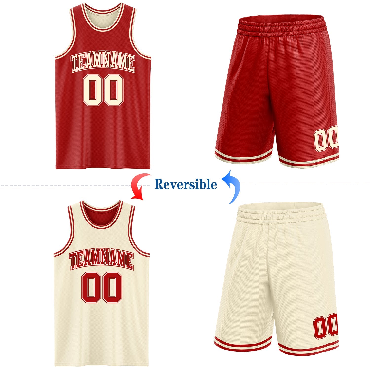 Custom Reversible Red Cream Double Side Sublimation Basketball Set Jersey