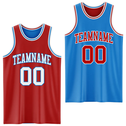 Custom Reversible Red White-Powder Blue Double Side Sublimation Basketball Set Jersey