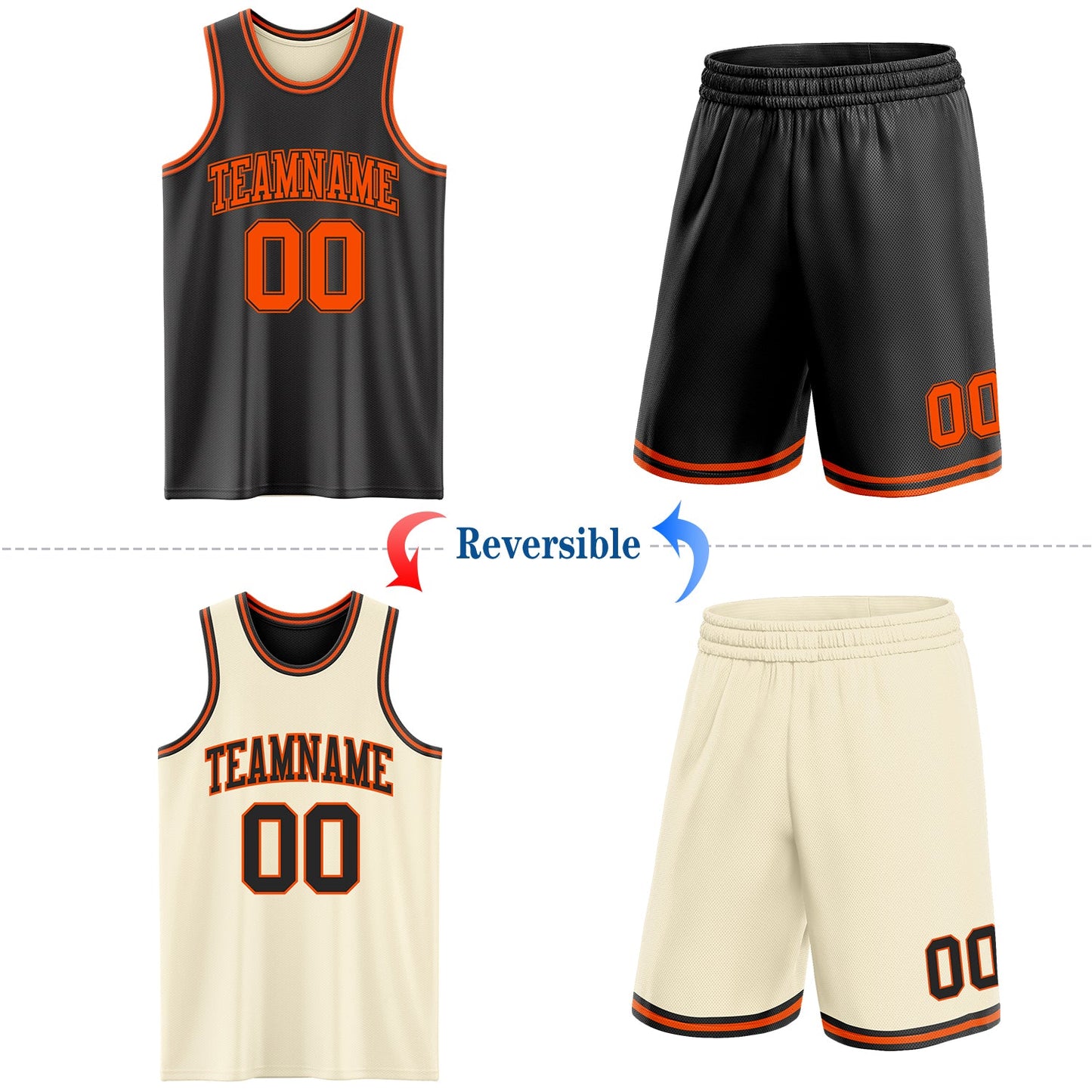 Custom Reversible Black Orange Double Side Sublimation Basketball Set Jersey