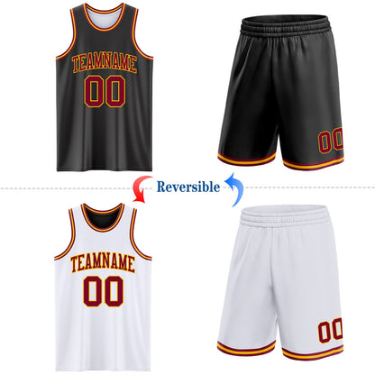 Custom Reversible Black Maroon-Gold Double Side Sublimation Basketball Set Jersey