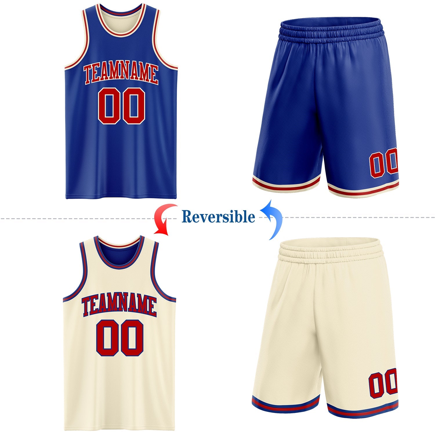 Custom Reversible Royal Red-Cream Double Side Sublimation Basketball Set Jersey