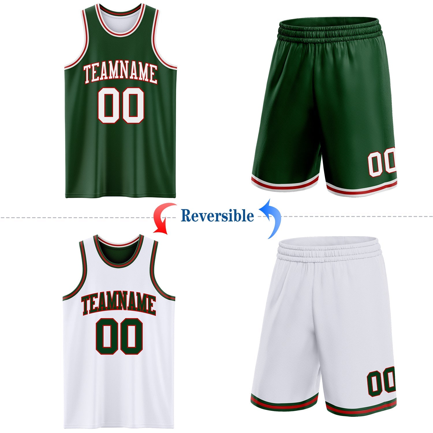 Custom Reversible Green White-Red Double Side Sublimation Basketball Set Jersey