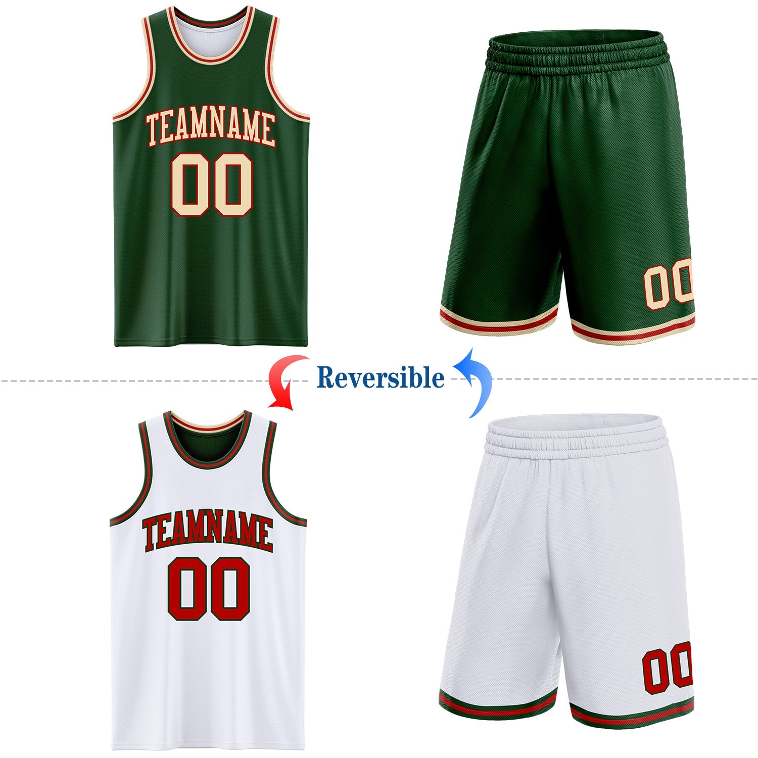 Custom Reversible Green Cream-Red Double Side Sublimation Basketball Set Jersey