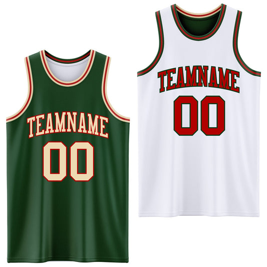 Custom Reversible Green Cream-Red Double Side Sublimation Basketball Set Jersey