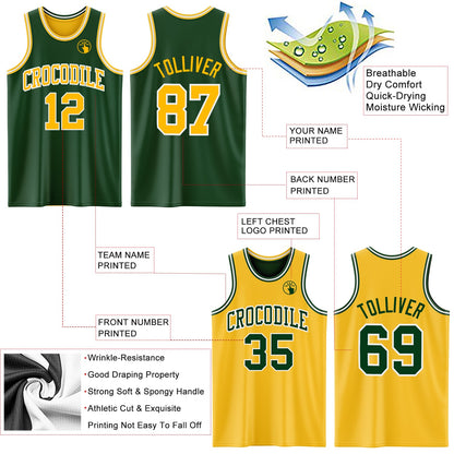 Custom Reversible Green Gold-White Double Side Sublimation Basketball Set Jersey