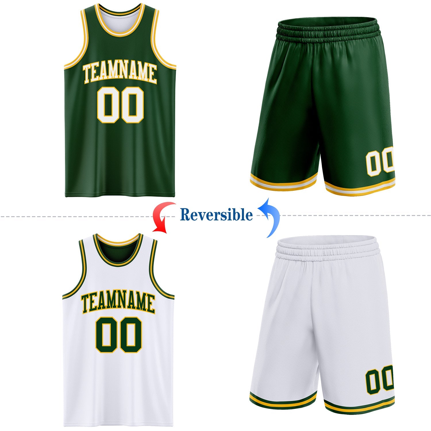 Custom Reversible Green White-Gold Double Side Sublimation Basketball Set Jersey