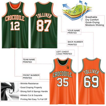Custom Reversible Green White-Orange Double Side Sublimation Basketball Set Jersey
