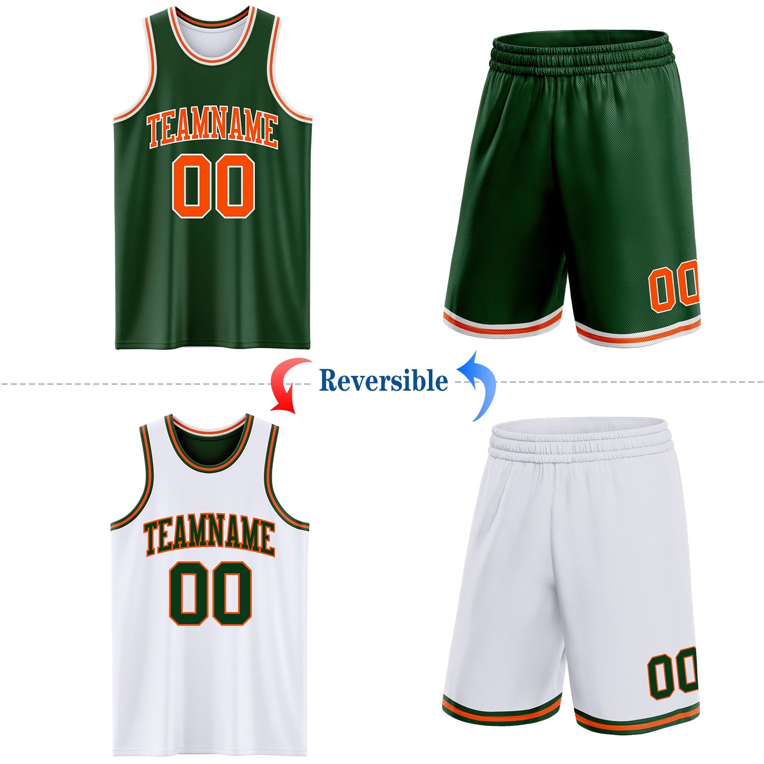Custom Reversible Green Orange-White Double Side Sublimation Basketball Set Jersey