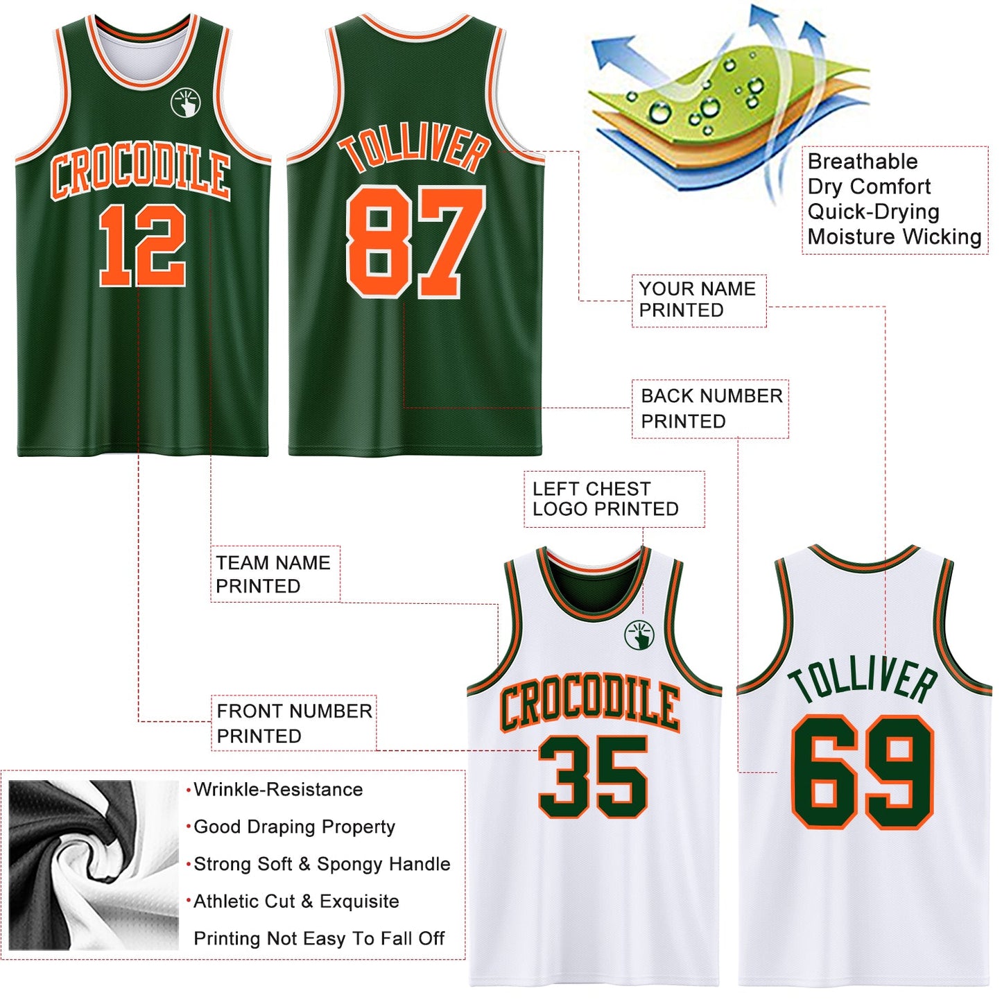 Custom Reversible Green Orange-White Double Side Sublimation Basketball Set Jersey