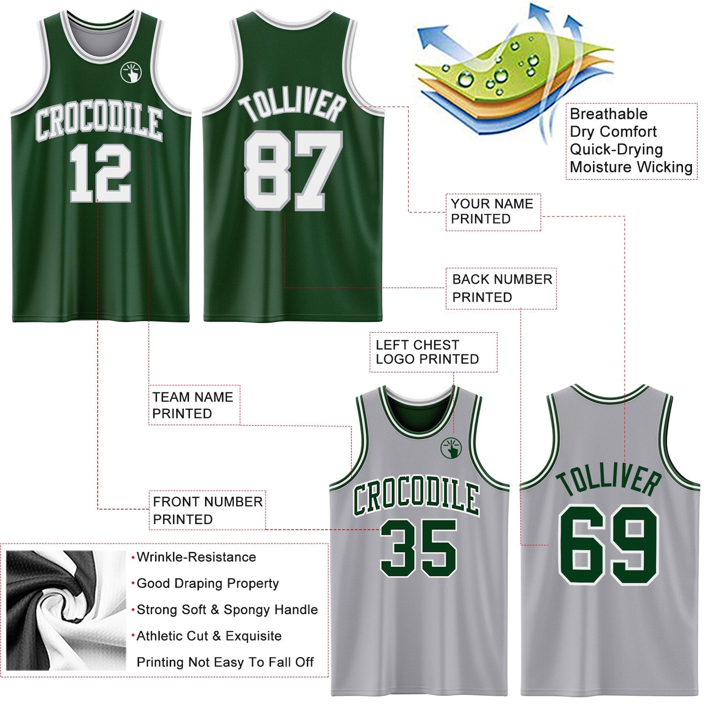 Custom Reversible Green White-Gray Double Side Sublimation Basketball Set Jersey