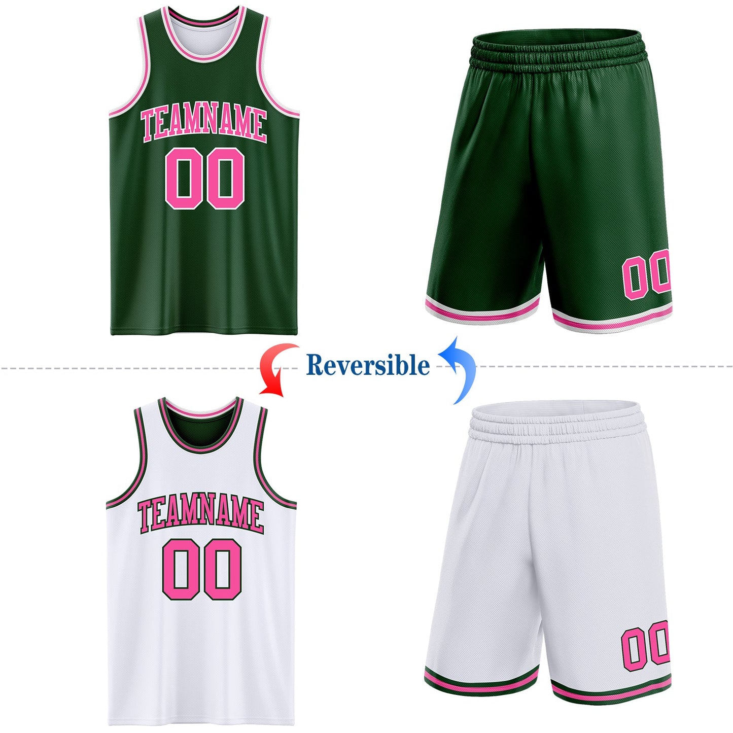 Custom Reversible Green Pink-White Double Side Sublimation Basketball Set Jersey
