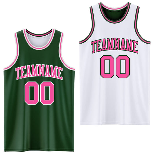 Custom Reversible Green Pink-White Double Side Sublimation Basketball Set Jersey