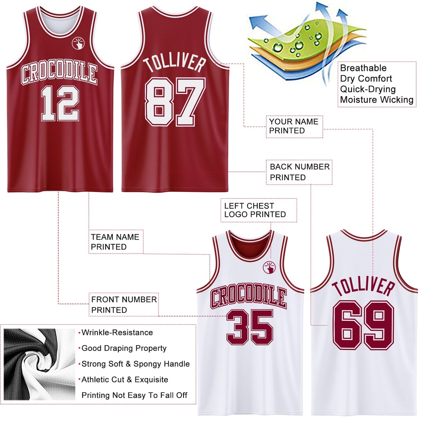 Custom Reversible Maroon White Double Side Sublimation Basketball Set Jersey
