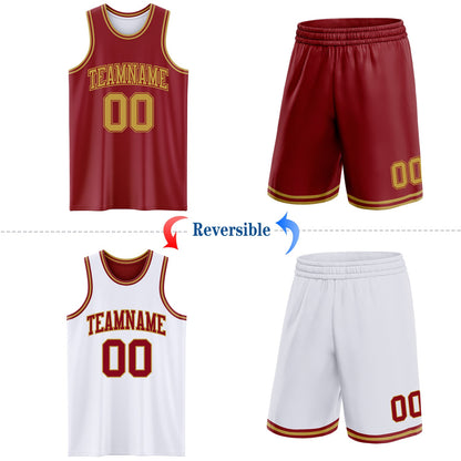 Custom Reversible Maroon Old Gold Double Side Sublimation Basketball Set Jersey