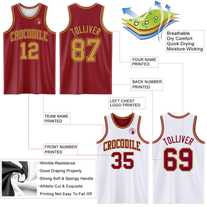 Custom Reversible Maroon Old Gold Double Side Sublimation Basketball Set Jersey