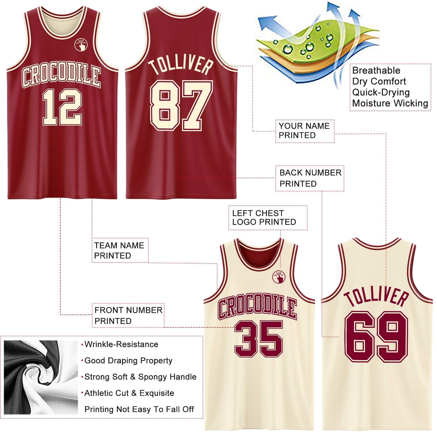 Custom Reversible Maroon Cream Double Side Sublimation Basketball Set Jersey