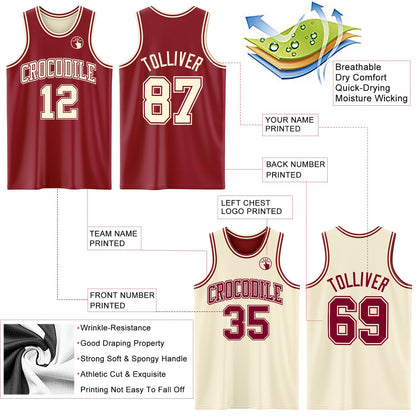 Custom Reversible Maroon Cream Double Side Sublimation Basketball Set Jersey