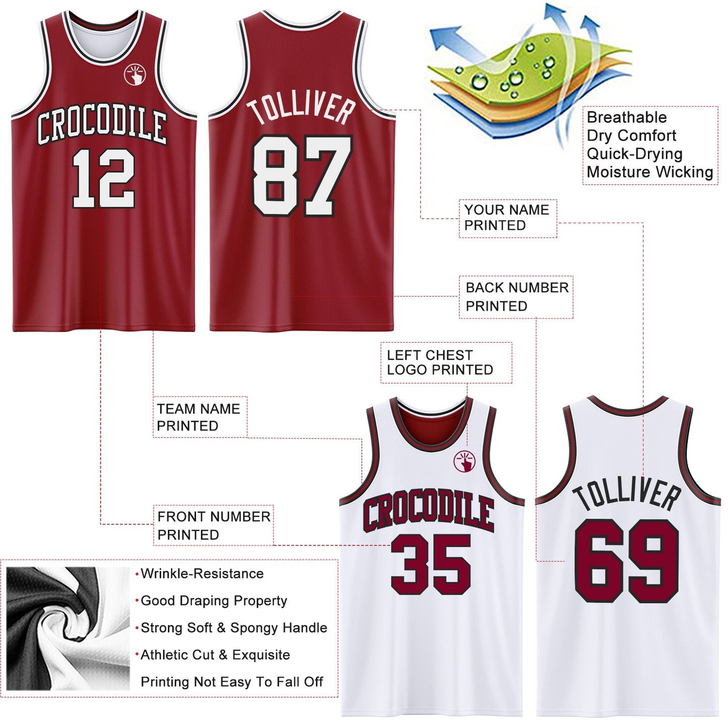 Custom Reversible Maroon White-Black Double Side Sublimation Basketball Set Jersey