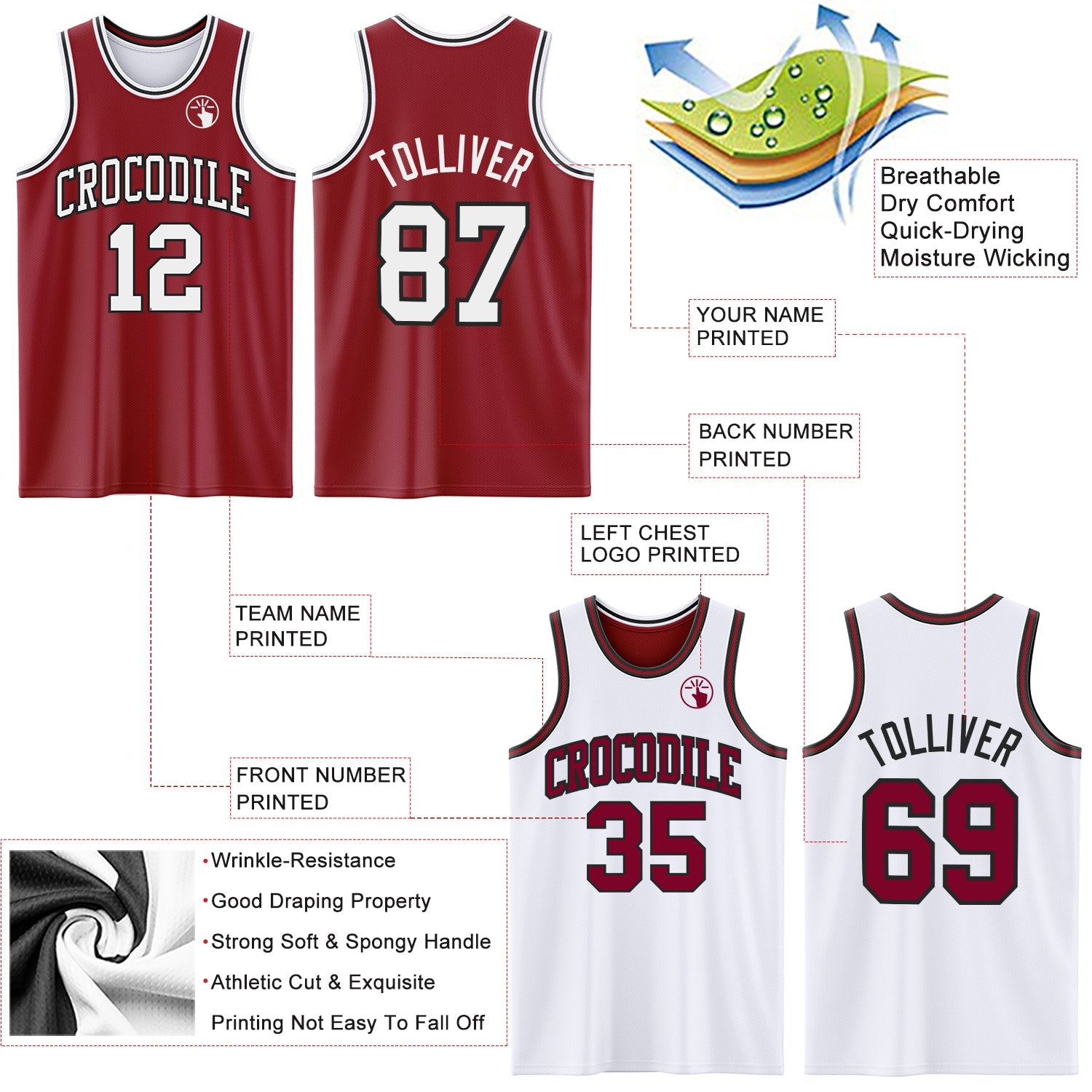 Custom Reversible Maroon White-Black Double Side Sublimation Basketball Set Jersey