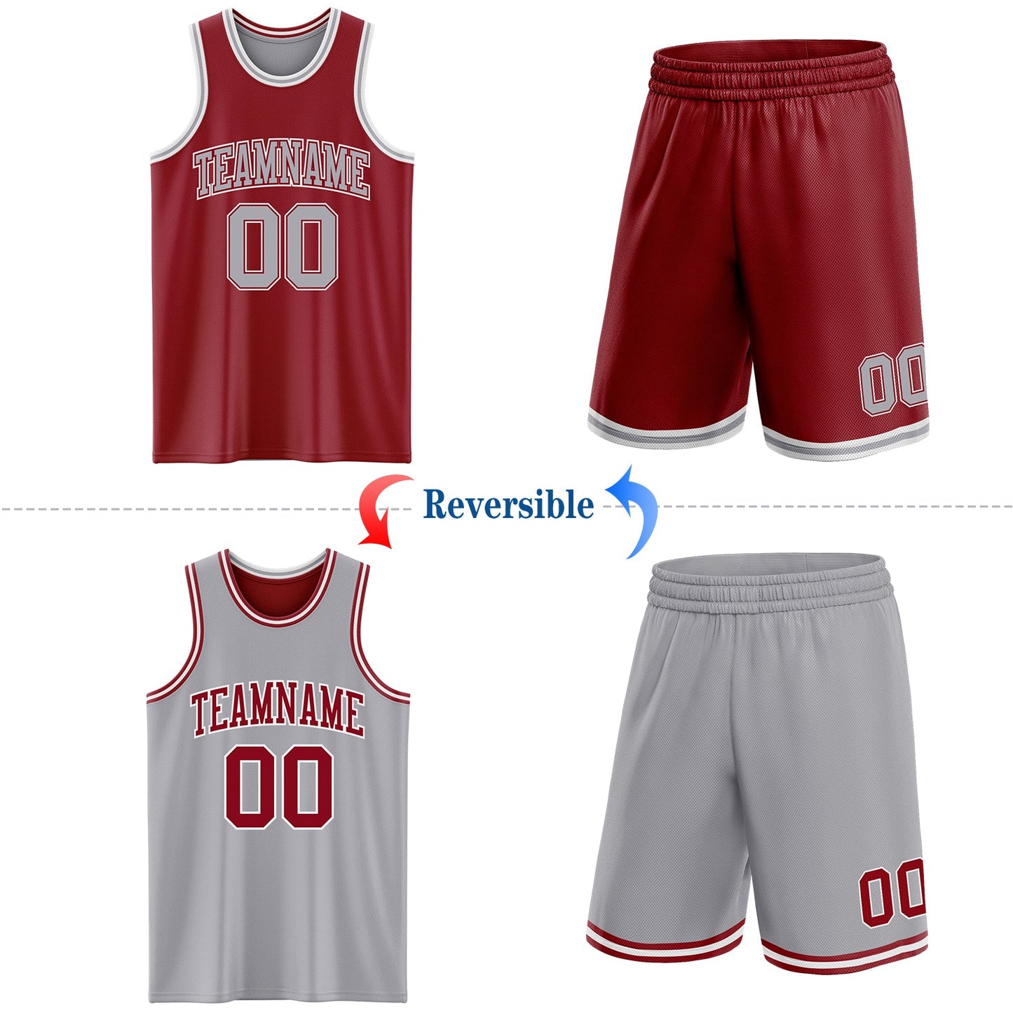 Custom Reversible Maroon Gray-White Double Side Sublimation Basketball Set Jersey