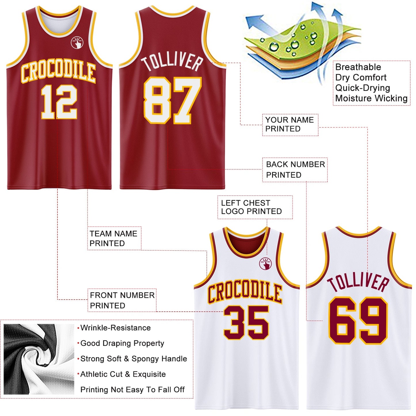 Custom Reversible Maroon White-Gold Double Side Sublimation Basketball Set Jersey