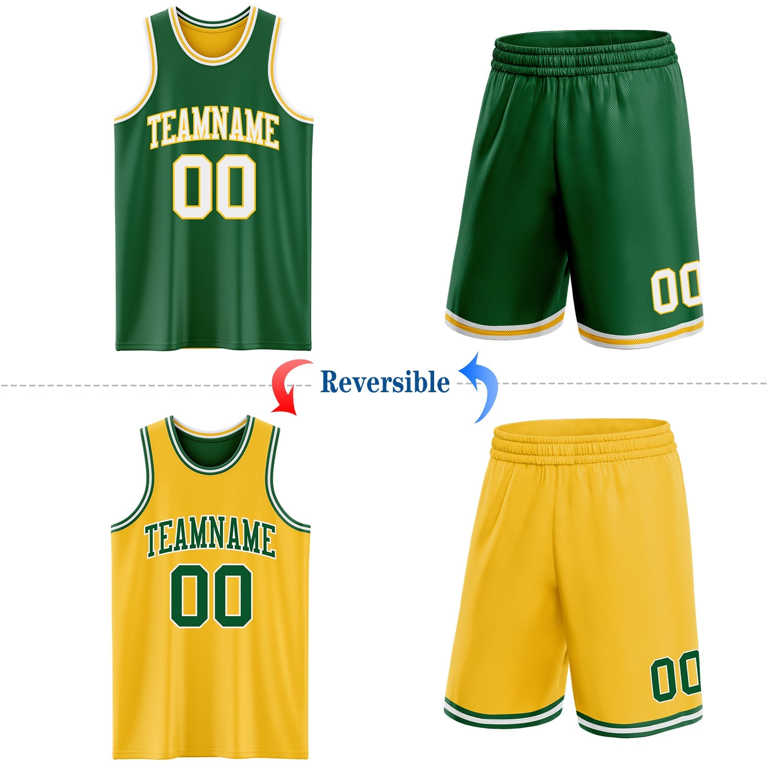 Custom Reversible Kelly Green White-Gold Double Side Sublimation Basketball Set Jersey