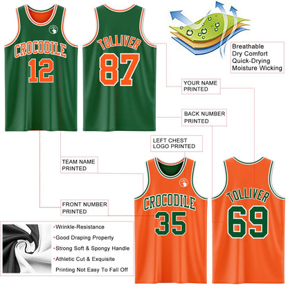 Custom Reversible Kelly Green Orange-White Double Side Sublimation Basketball Set Jersey