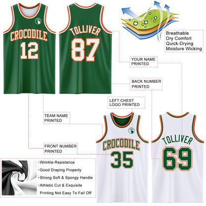 Custom Reversible Kelly Green White-Orange Double Side Sublimation Basketball Set Jersey