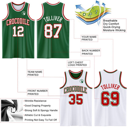 Custom Reversible Kelly Green White-Red Double Side Sublimation Basketball Set Jersey