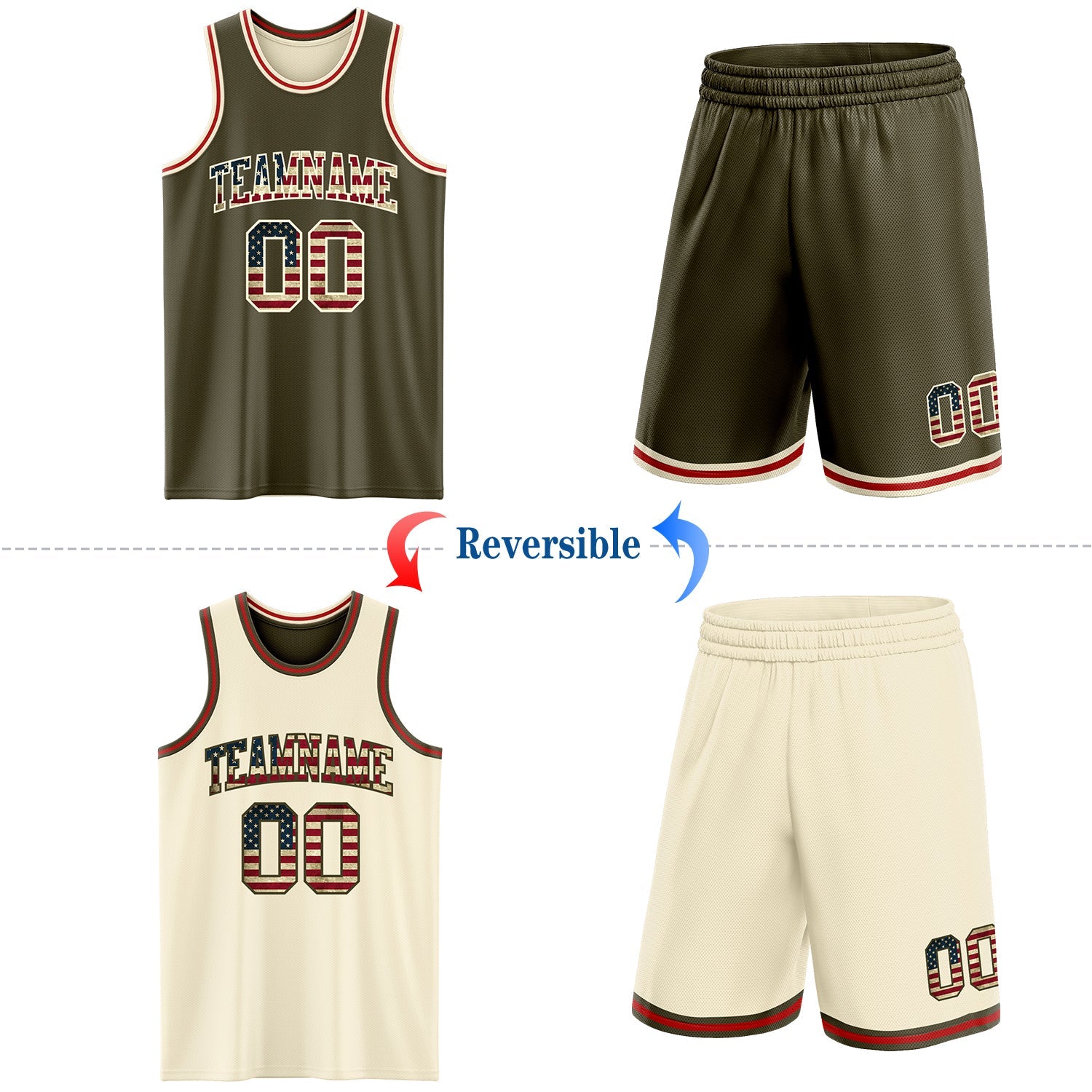Custom Reversible Olive Vintage USA Flag Cream-Red Double Side Salute To Service Sublimation Basketball Set Jersey