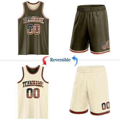 Custom Reversible Olive Vintage USA Flag Cream-Red Double Side Salute To Service Sublimation Basketball Set Jersey