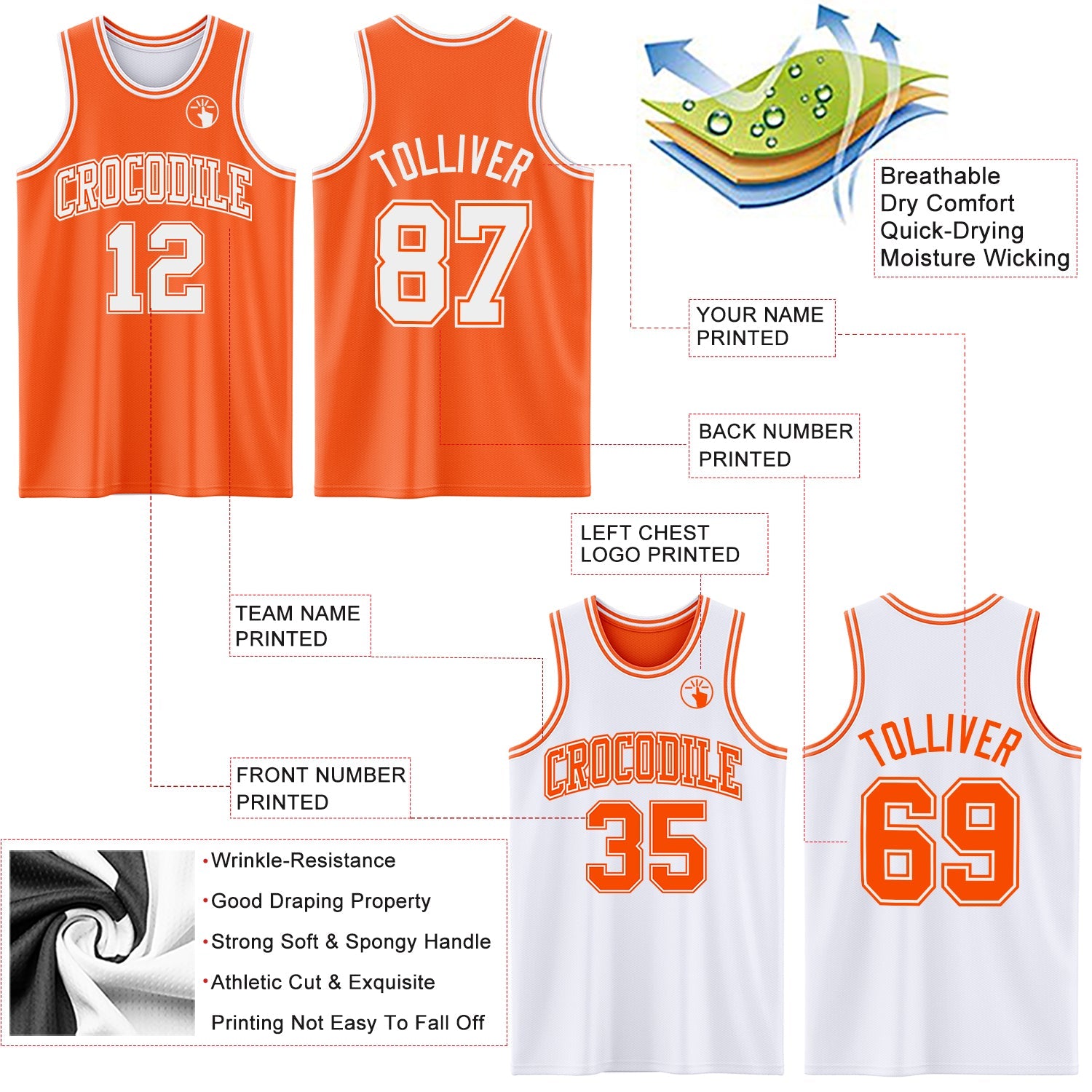 Custom Reversible Orange White Double Side Sublimation Basketball Set Jersey