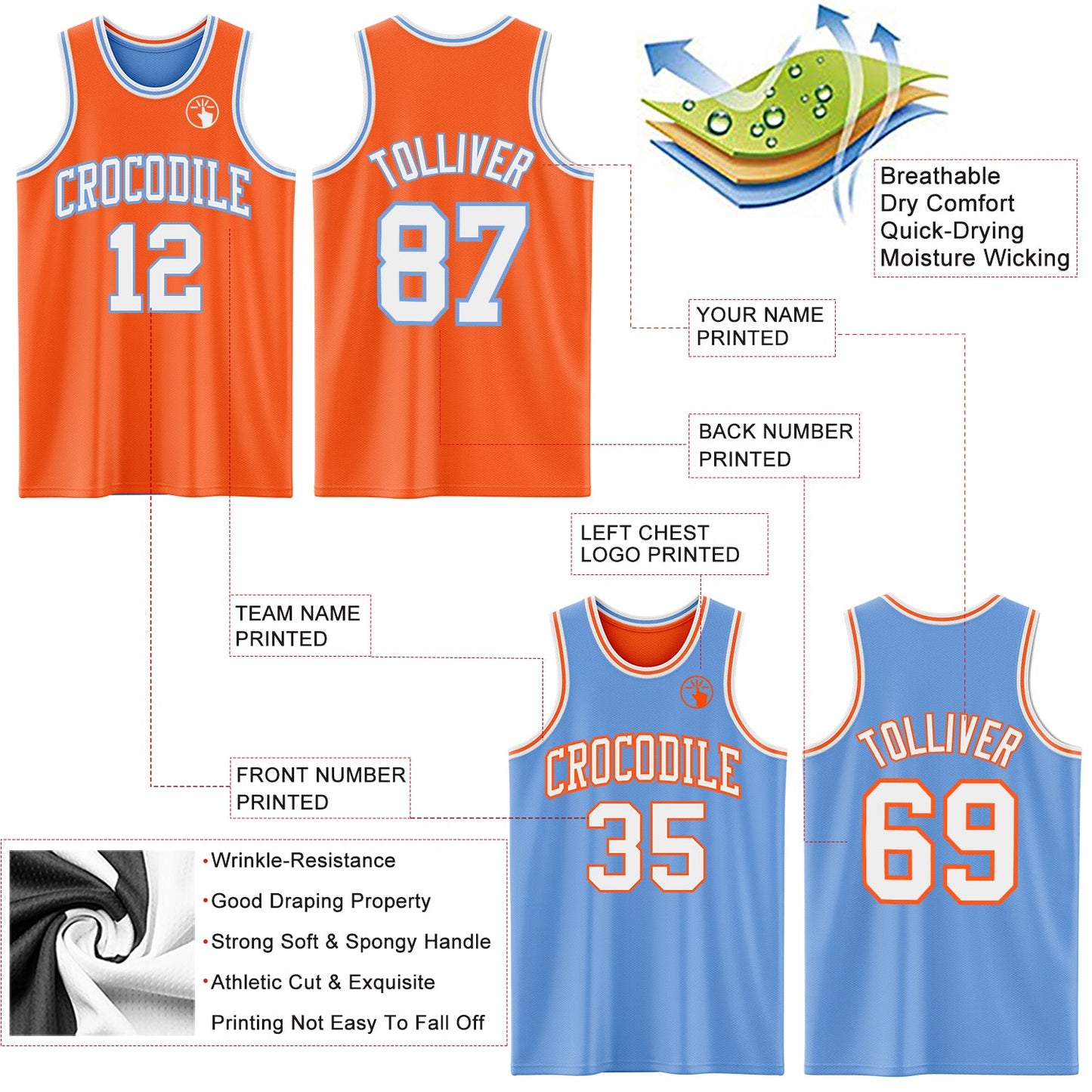 Custom Reversible Orange White-Light Blue Double Side Sublimation Basketball Set Jersey